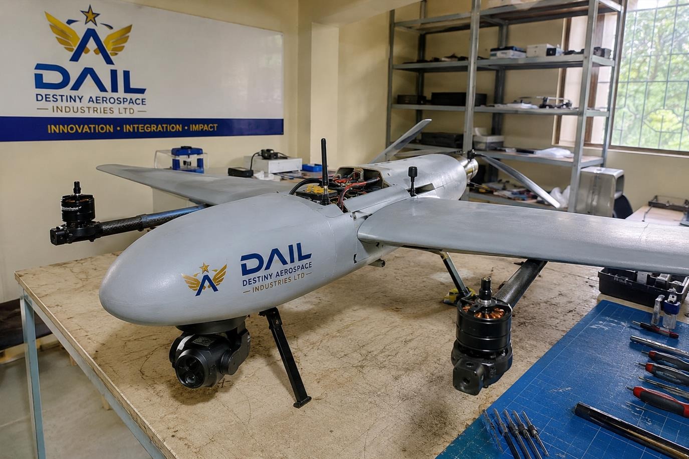 DAIL remotely operated underwater vehicle with thrusters, lights, camera dome and manipulator
